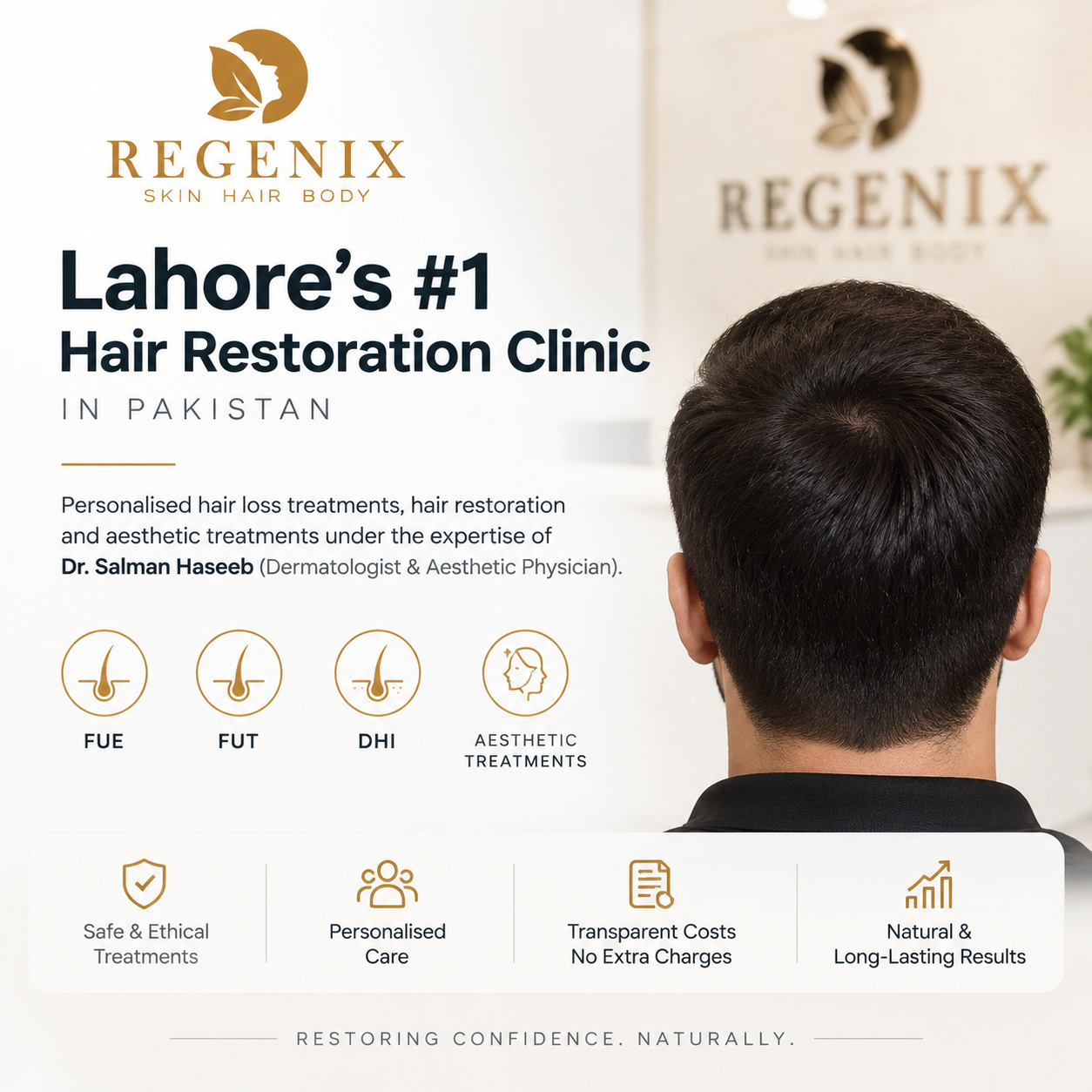 Regenix Aesthetic Clinic Lahore hair transplant and hair restoration services featuring FUE, FUT, and DHI treatments by Dr. Salman Haseeb.