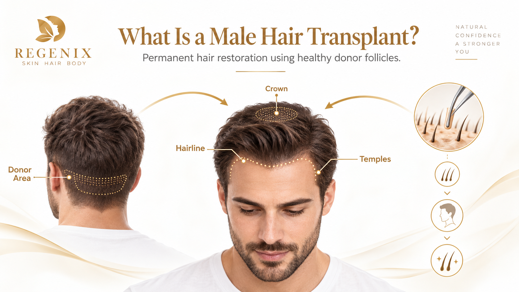 Male hair transplant procedure illustration showing donor area at the back of the scalp, hairline, temples, and crown restoration areas with healthy hair follicles being transferred for permanent hair restoration at Regenix Aesthetic Clinic.