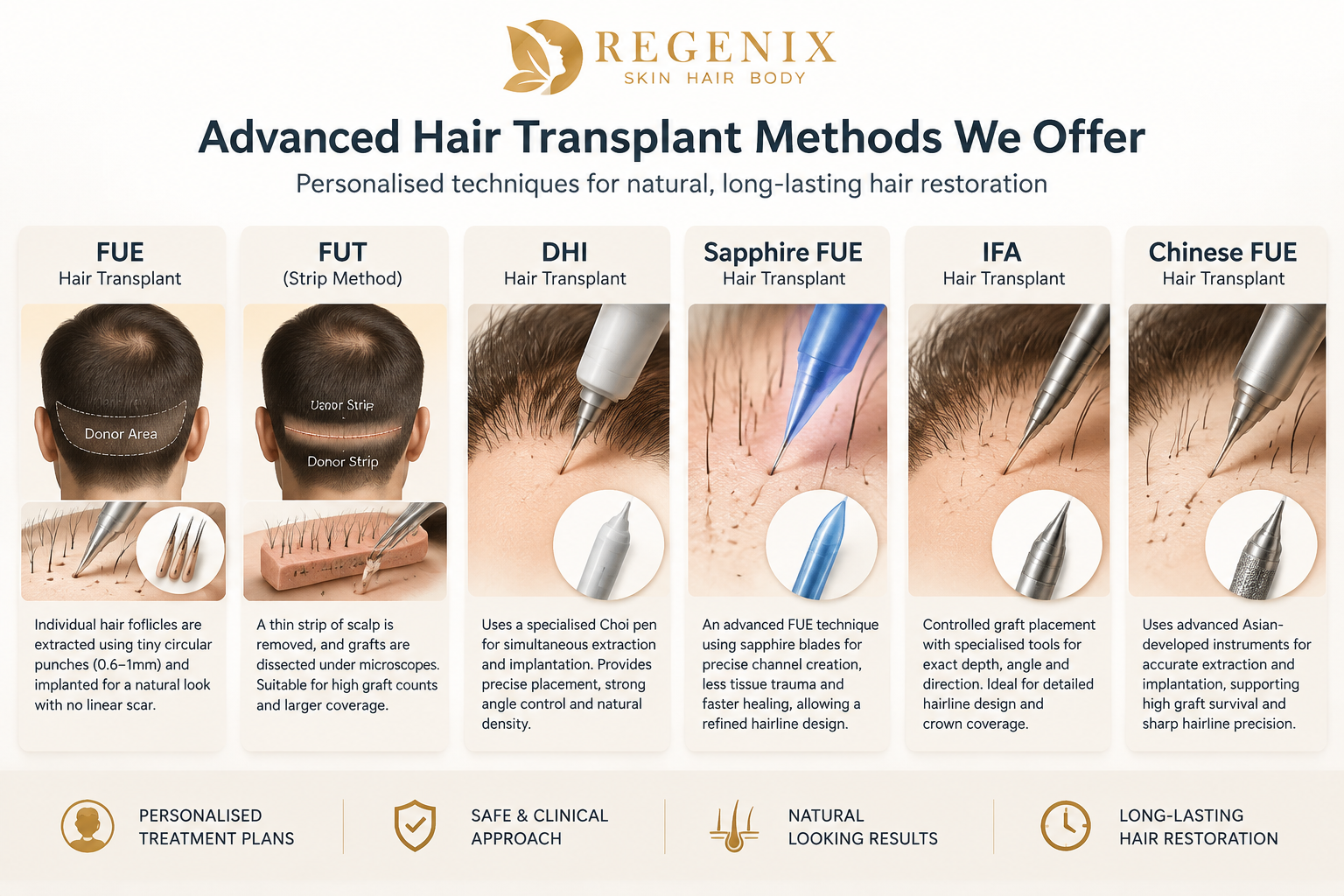Hair transplant methods infographic showing advanced hair restoration techniques including FUE, FUT strip method, DHI, Sapphire FUE, IFA, and Chinese FUE with illustrations of follicle extraction and implantation procedures at Regenix Aesthetic Clinic.