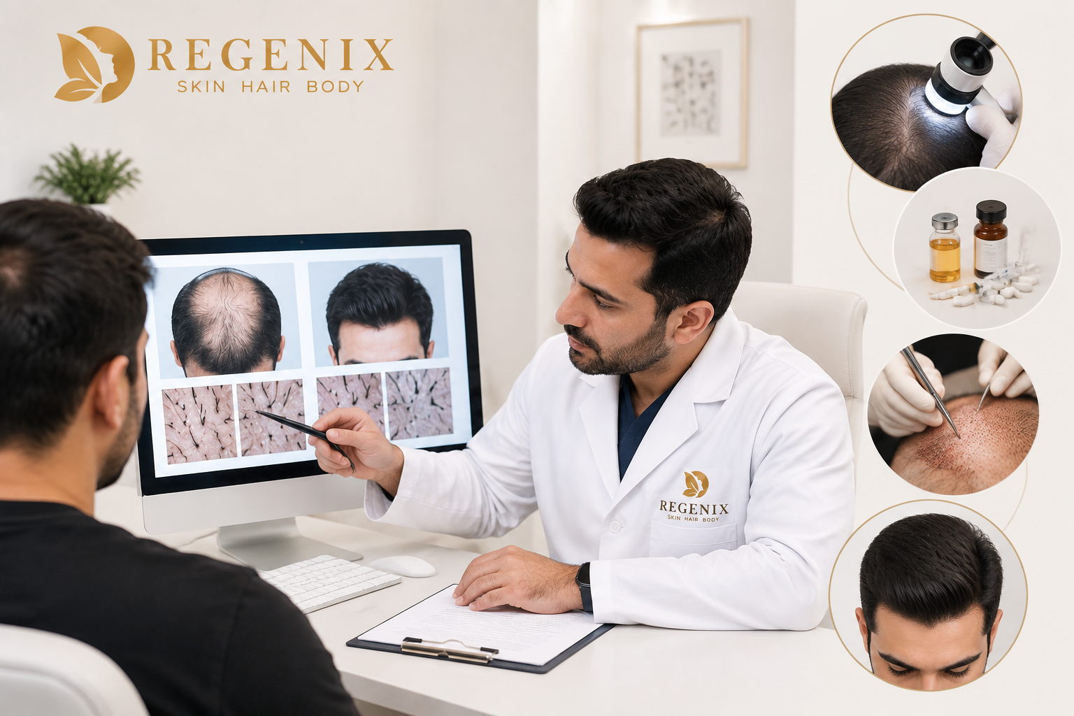 Hair transplant clinic consultation showing a dermatologist assessing a patient’s scalp and hair loss with digital analysis, highlighting personalised hair restoration planning and advanced transplant treatments at Regenix Aesthetic Clinic.