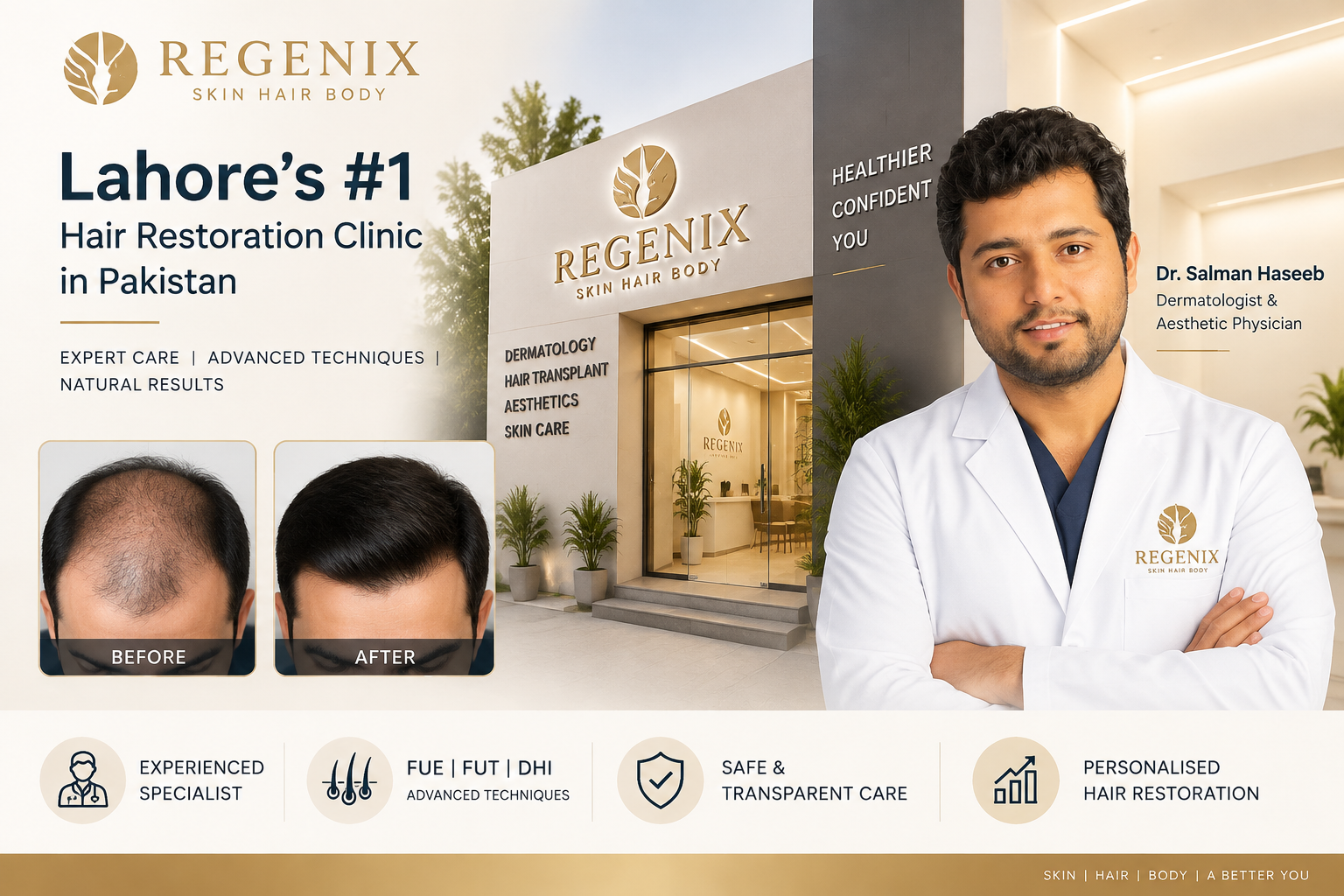 Regenix Aesthetic Clinic hair restoration banner showing a dermatologist consultation, modern Lahore hair transplant clinic, before and after hair restoration results, and advanced FUE, FUT, and DHI hair transplant treatments.