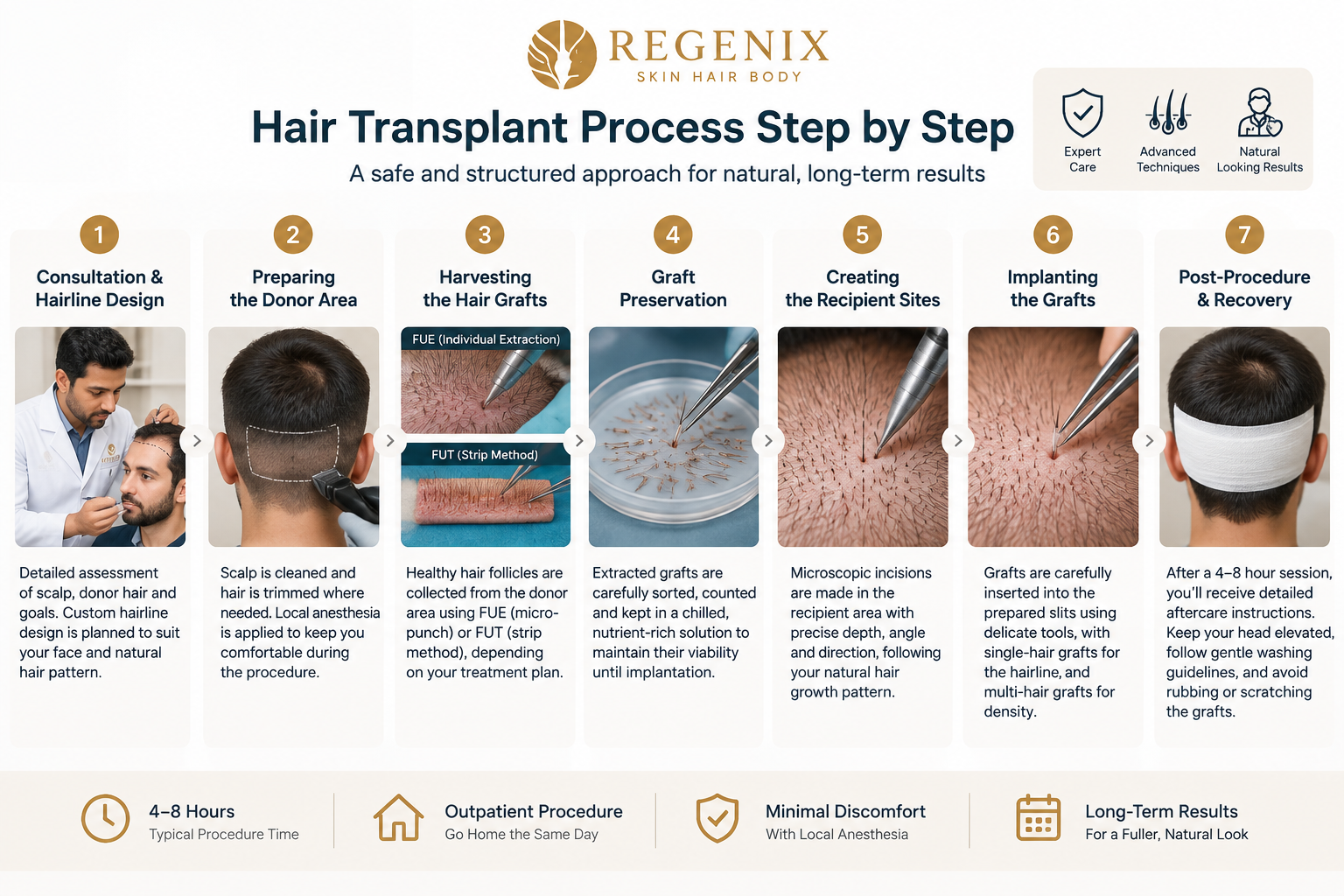 Hair transplant process step-by-step infographic showing consultation, hairline design, donor area preparation, FUE and FUT graft harvesting, graft preservation, recipient site creation, graft implantation, and post-procedure recovery at Regenix Aesthetic Clinic.