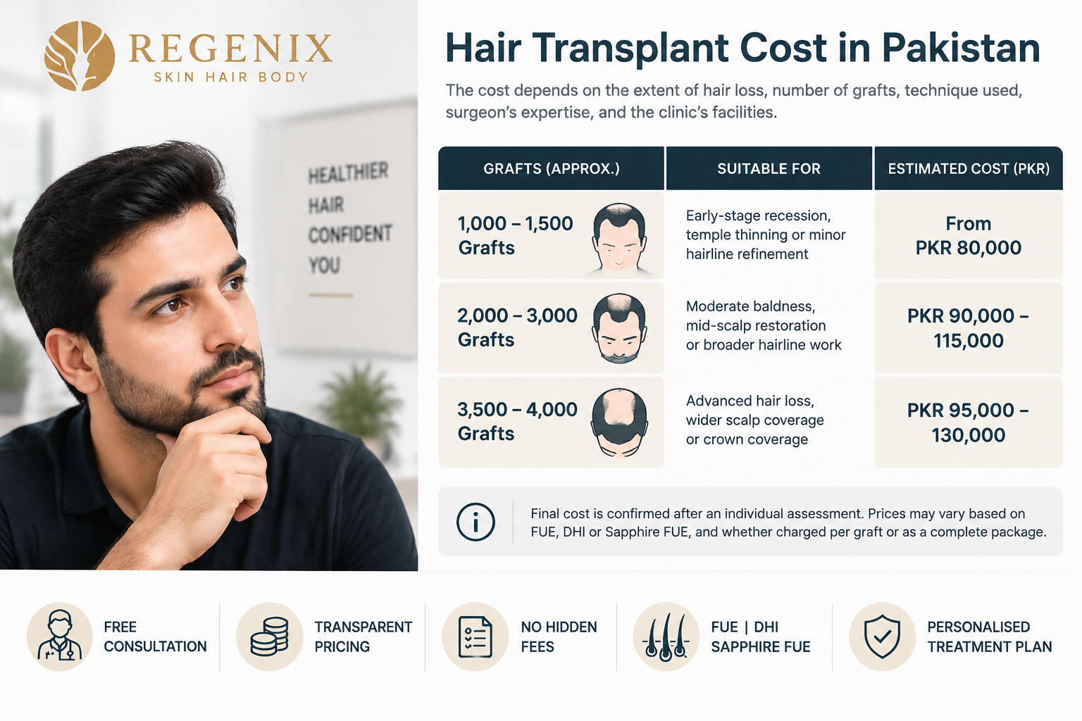 Hair transplant cost in Pakistan infographic showing estimated prices for 1,000–1,500, 2,000–3,000, and 3,500–4,000 grafts with treatment suitability, FUE, DHI, Sapphire FUE options, and personalised consultation at Regenix Aesthetic Clinic.