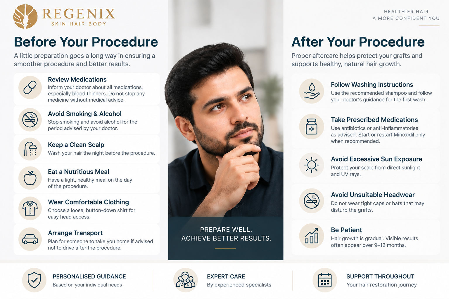 Hair transplant preparation and aftercare infographic showing pre-procedure guidelines, medication review, scalp cleaning, lifestyle preparation, post-transplant washing, medication use, sun protection, and graft care at Regenix Aesthetic Clinic.