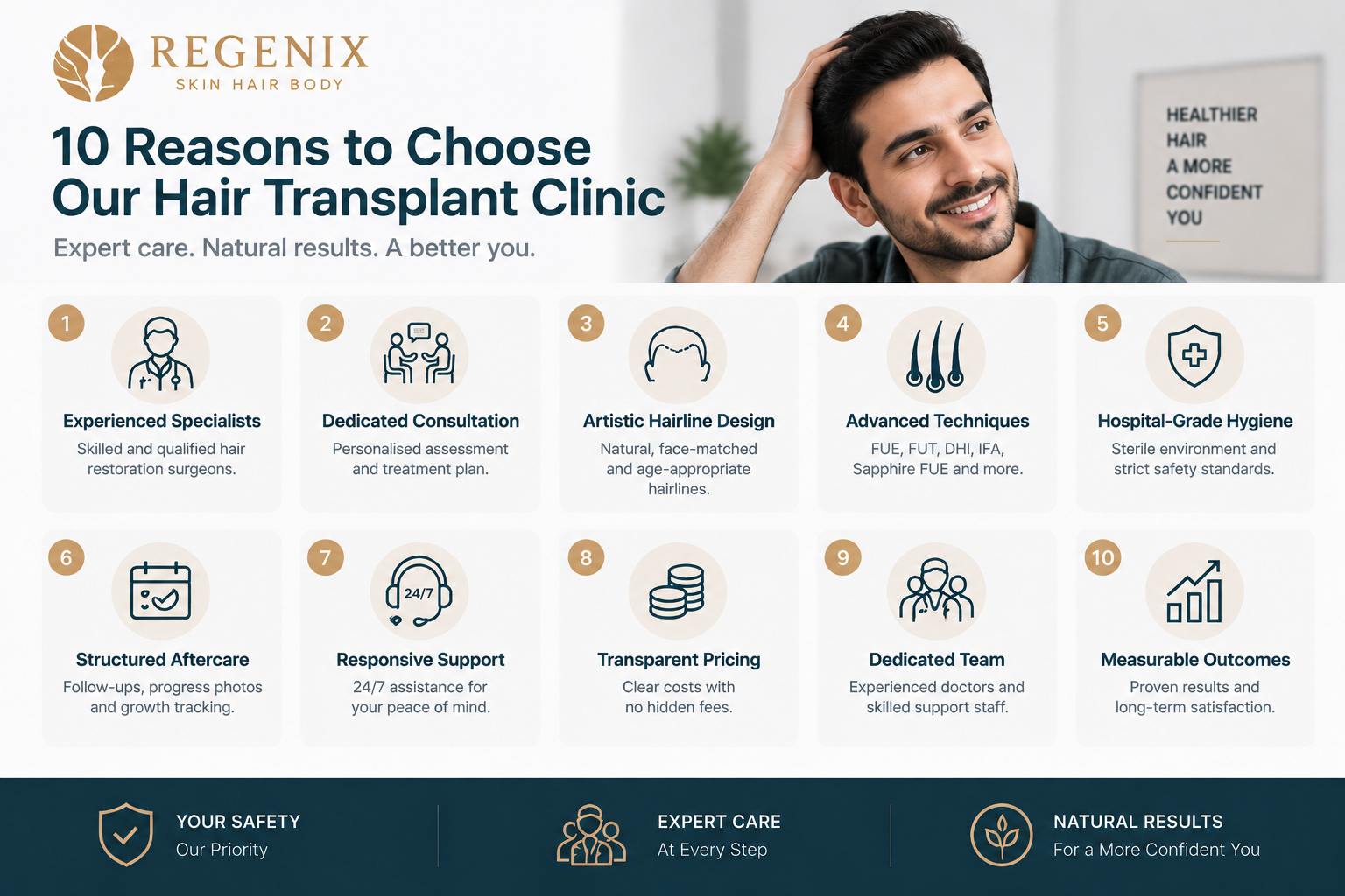 10 reasons to choose Regenix Aesthetic Clinic hair transplant services infographic showing experienced specialists, personalised consultation, artistic hairline design, advanced FUE FUT DHI techniques, hygiene standards, aftercare support, transparent pricing, and natural hair restoration results.