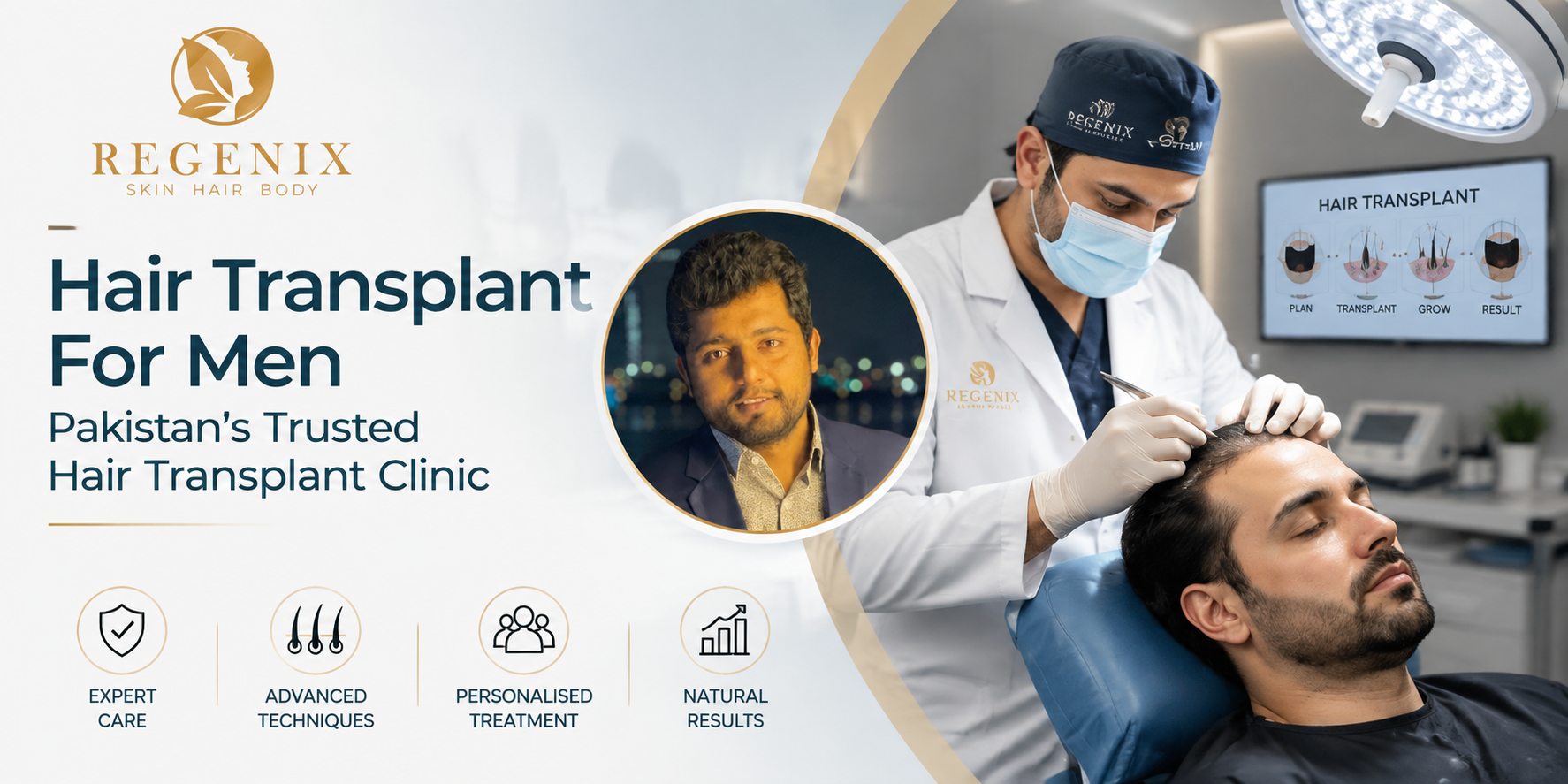 Hair Transplant For Men Pakistan banner showing Regenix Aesthetic Clinic, a hair transplant procedure performed by a specialist, male hair restoration consultation, and advanced hair transplant care.